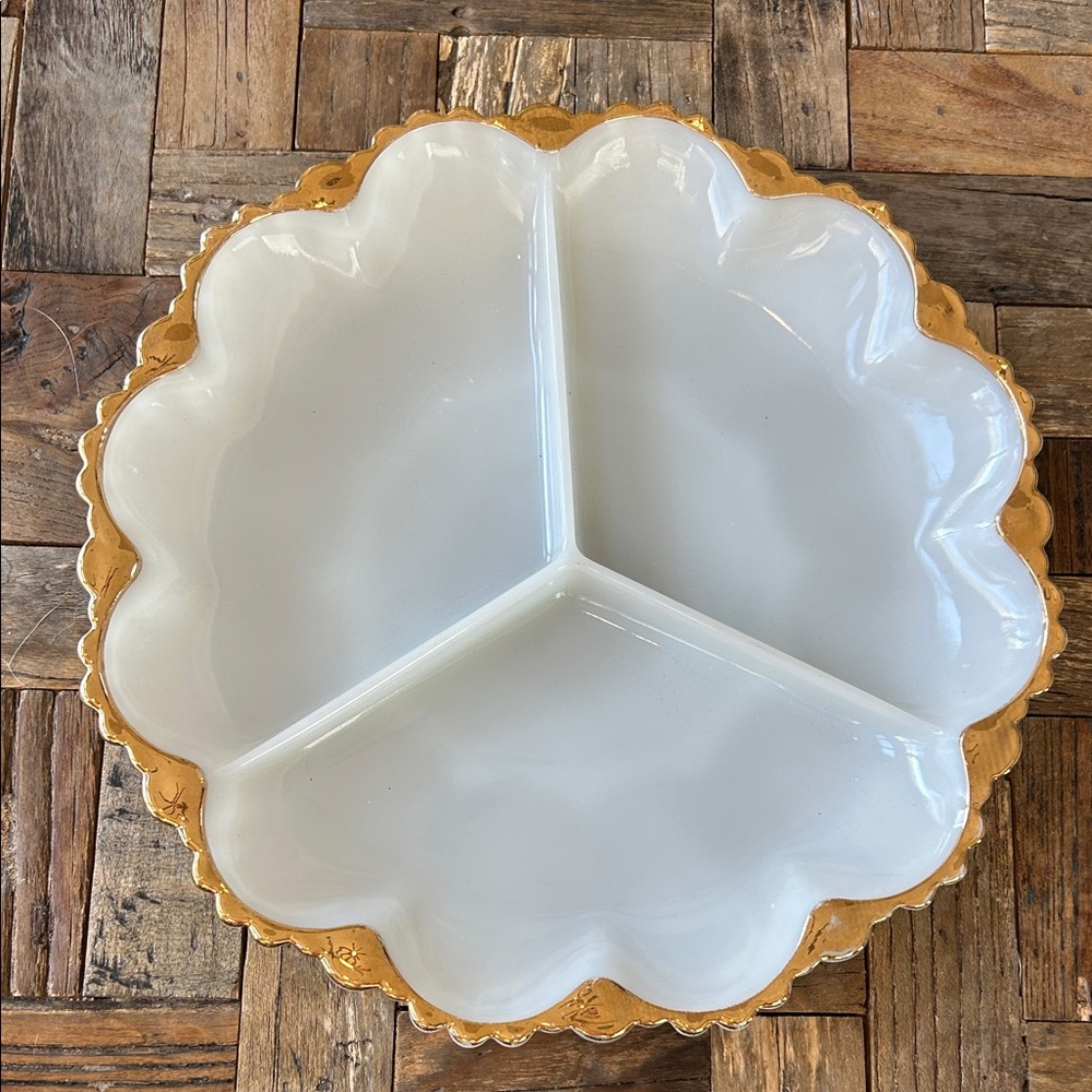Anchor Hocking Divided Milk Glass Relish/Snack Tray 10”